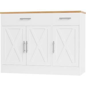 Shintenchi Modern Farmhouse Sideboard Buffet Cabinet with Storage with 3 Doors,42" Barn Doors Buffet Cabinet with Storage, Wood Coffee Bar Cabinets with Adjustable Shelf for Kitchen Living Room,White