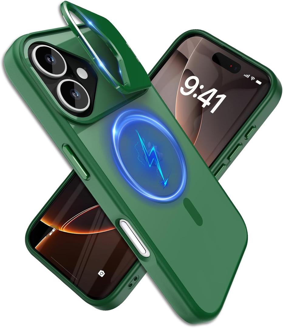 YFEMLAZ for iPhone 16 Case(Built-in Invisible Kickstand) Heavy Duty MagneticCompatible with MagSafe Military-Grade Drop Protection,Translucent Matte for iPhone 16 Case 6.1",Green
