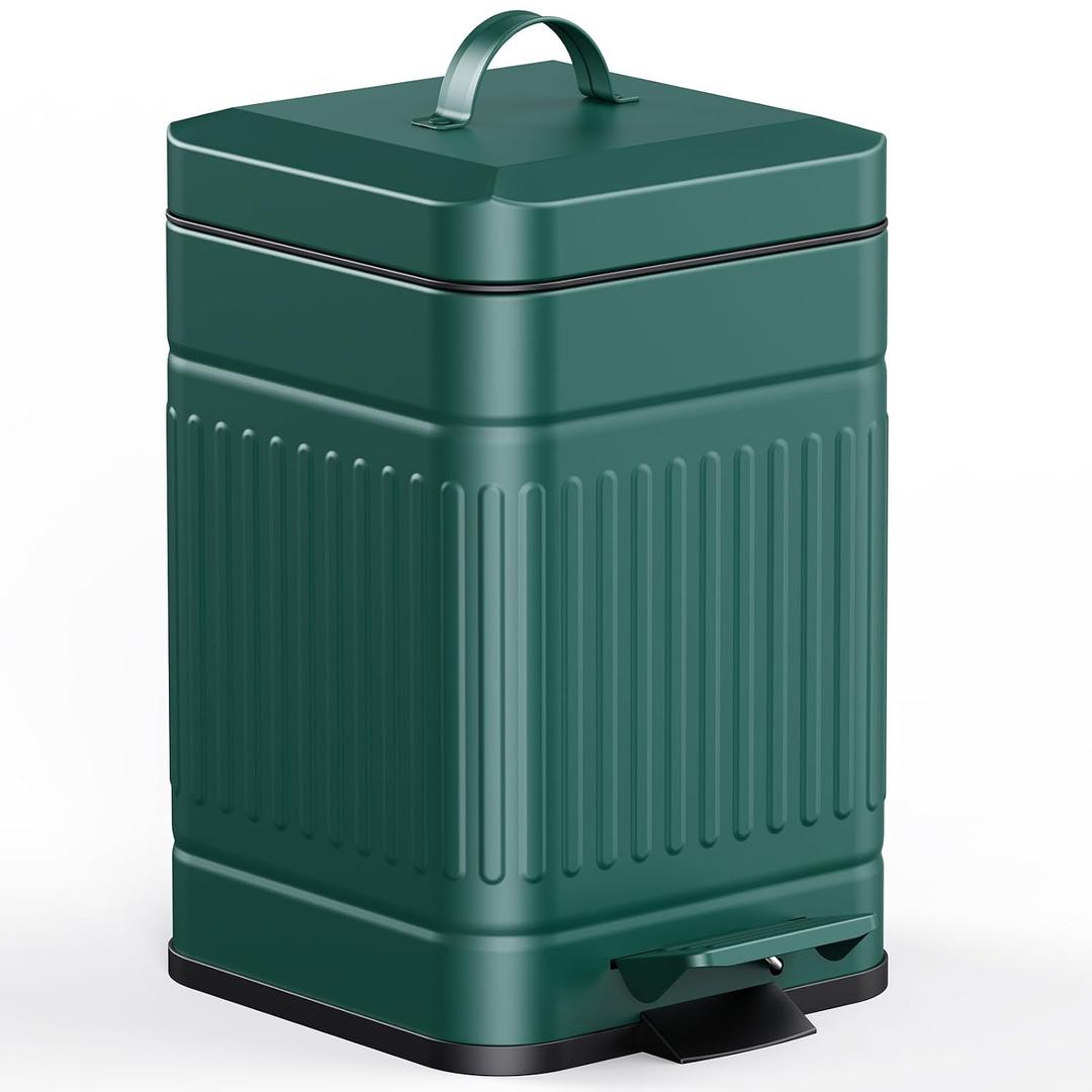 CEROELDA Small Trash Can with Lid-5L/1.3 Gal,Stainless Steel Outdoor Dog Poop Garbage Can-Farmhouse Retro Metal Waste Bin w/Step Pedal for Bathroom Bedroom Office-Soft Close-Green