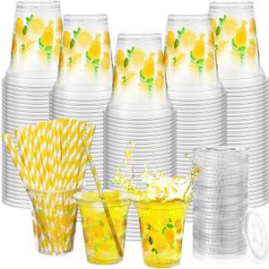 Umigy 100 Pack Plastic Disposable Cups with Lids and Straws 12 oz Disposable Cups for Juice Water Coffee Summer Party Sports Party Supplies(Lemonade)