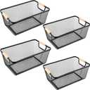 4 Pcs Metal Wire Basket with Wooden Handles Mesh Steel Storage Organizer Bin Containers for Home Organizing Cabinet Pantry Closet Kitchen Fridge Fruit Makeup Snacks Gifts(Large,Black)