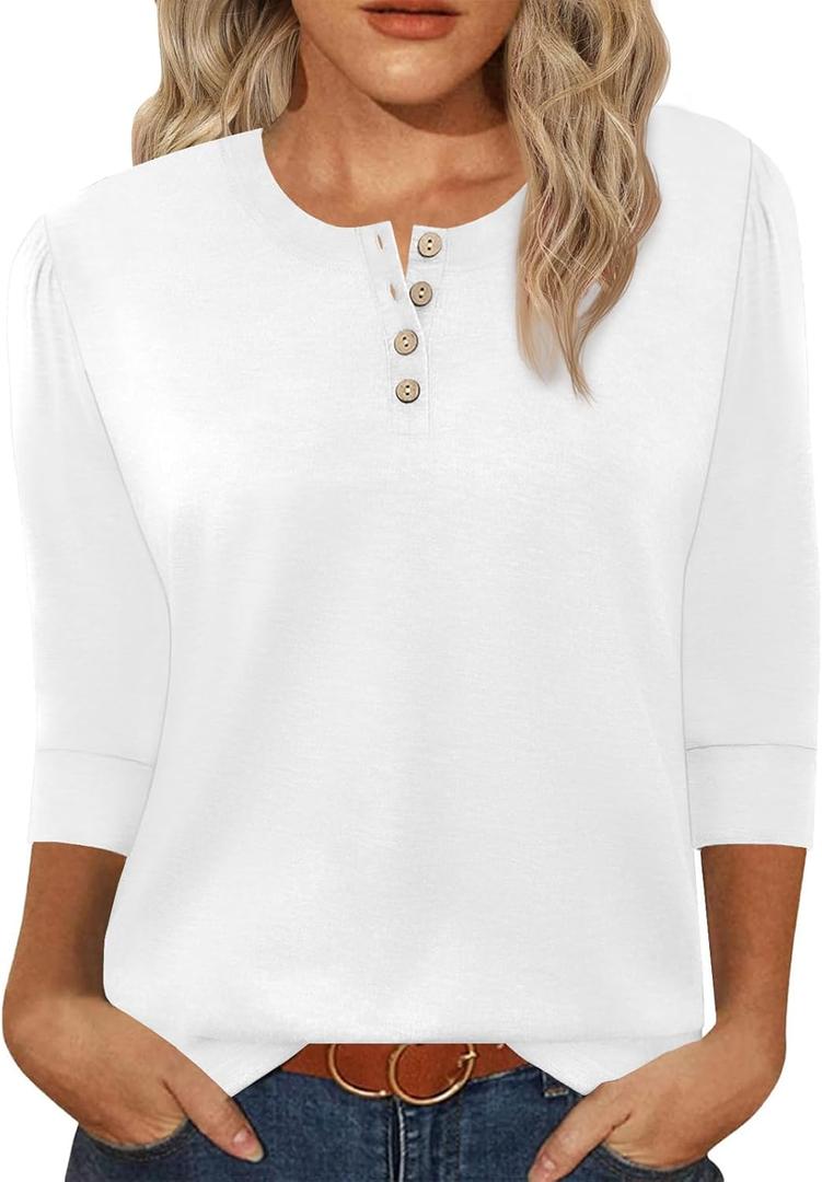 3/4 Length Sleeve Womens Tops Crew Neck Buttons Henley Shirts Tunic T Shirts Loose Fit Work Blouses 2025 Fall Trendy (White, M)