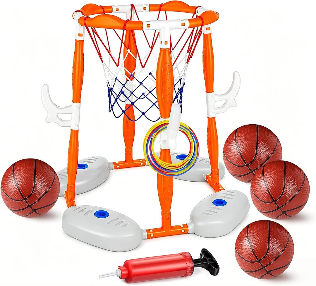 PJG Pool Basketball Hoop, 2-in-1 Floating Poolside Basketball Ring Game Football for Kids Ages 3-12, Outdoor Summer Swimming Pool Party Water Toy for Family Adults Boys Grils Birthday Gift (Orange)