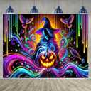 BlissYard Halloween Blacklight Tapestry 78x59 Inch Witch Pumpkin UV Reactive Wall Hanging Spooky Scene Glow in Dark Backdrop October Festive Luminous Blacklight Tapestry Party Decor