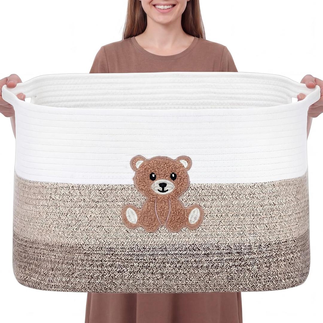 Extra Large Blanket Basket 65L Little Bear Rectangle Woven Storage Basket with Handle for Storing Dirty Clothes Stuffed Animal Toy Storage for Living Room Bathroom 22" x 15" x 12" Brown