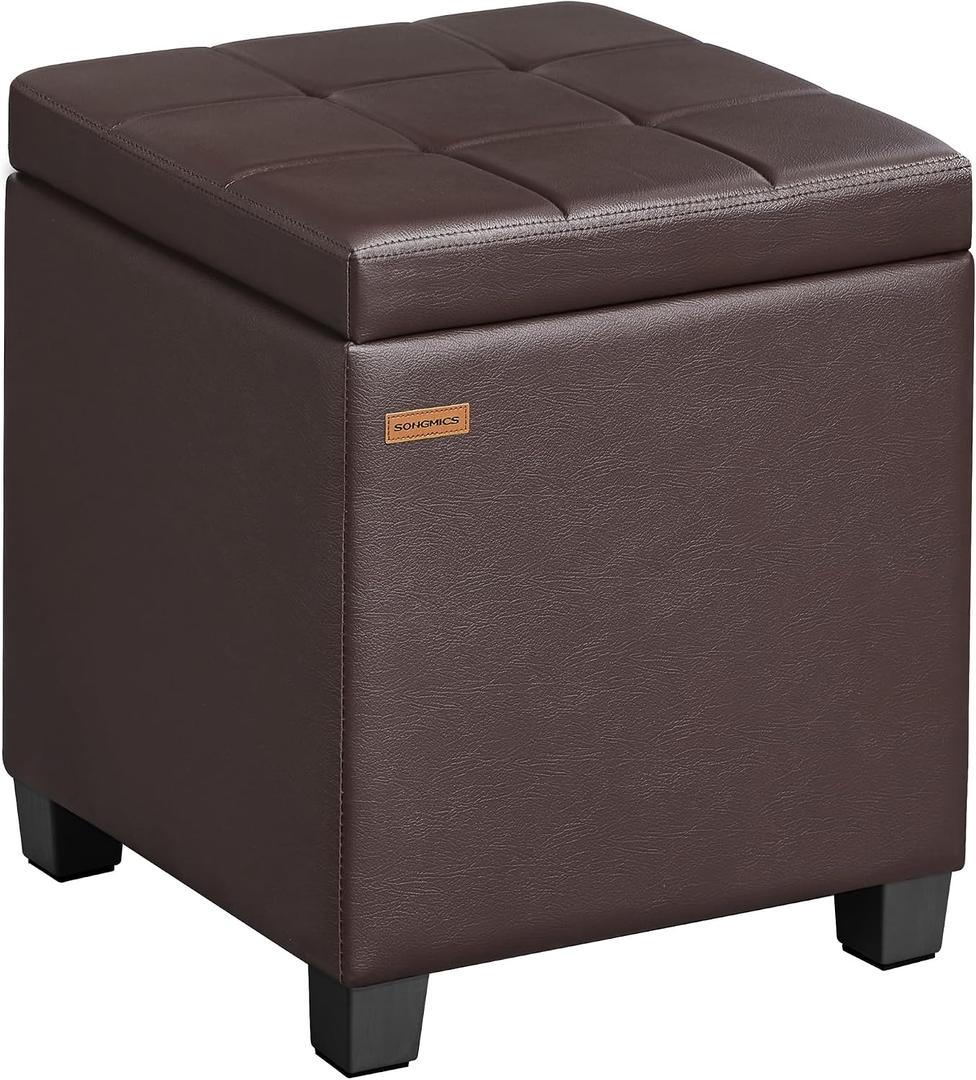 SONGMICS Square Storage Ottoman, Foot Stool Footrest with Legs, Ottoman Cube with Hinged Lid, for Living Room, Bedroom, 16.9 x 16.9 x 18.1 Inches, Synthetic Leather, Deep Burgundy ULOM519RF01