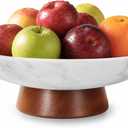 Marble Decorative Bowl, 11” Large Centerpiece for Table, Fruit Bowl for Kitchen Counter, Coffee Table or Entryway Decor, Natural Marble with Wood Base, Housewarming Gift - White