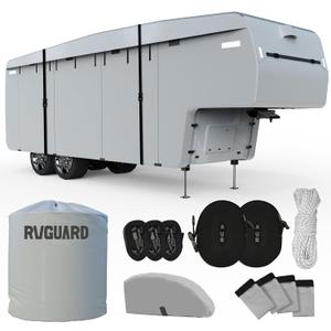 RVGUARD 5th Wheel RV Cover, Camper Cover for 33' - 37' RV, 6 Layers Anti-UV Windproof Waterproof Fifth Wheel Cover, with Storage Bag and Straps, Grey