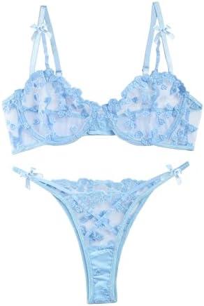 Lilosy Sexy Underwire Cute Push Up Strappy Embroidered Mesh Sheer Lingerie Set See Through Panty Bra, L