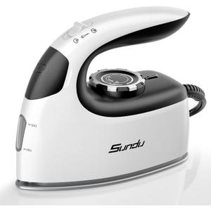 Sundu Mini Travel Iron with Steam,1000W Portable Non-Stick Soleplate Steam Small Iron for Quilting & Sewing,300 Microsteam Holes,90ml Water Tank,Lockable Safety Base,Digital Temperature Control (Black and white)