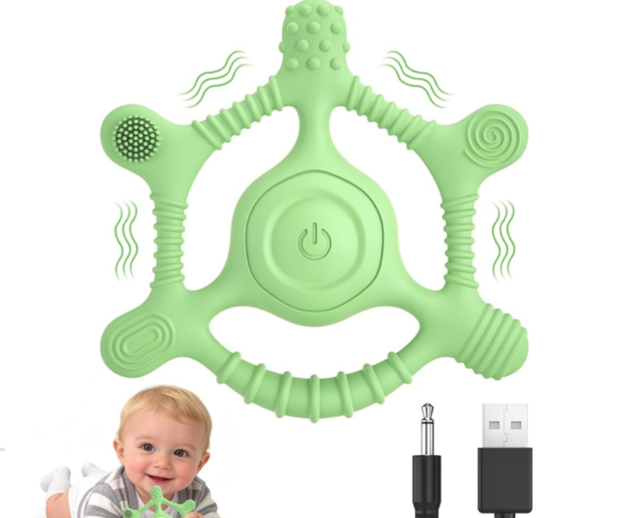 Vibrating Teether for Baby | Sensory Toys for Kids with Autism | Toddler Travel Essential Teething Toys for Babies 618 Months, USB Chargeable & 3X Gentle Vibration Settings (Green)