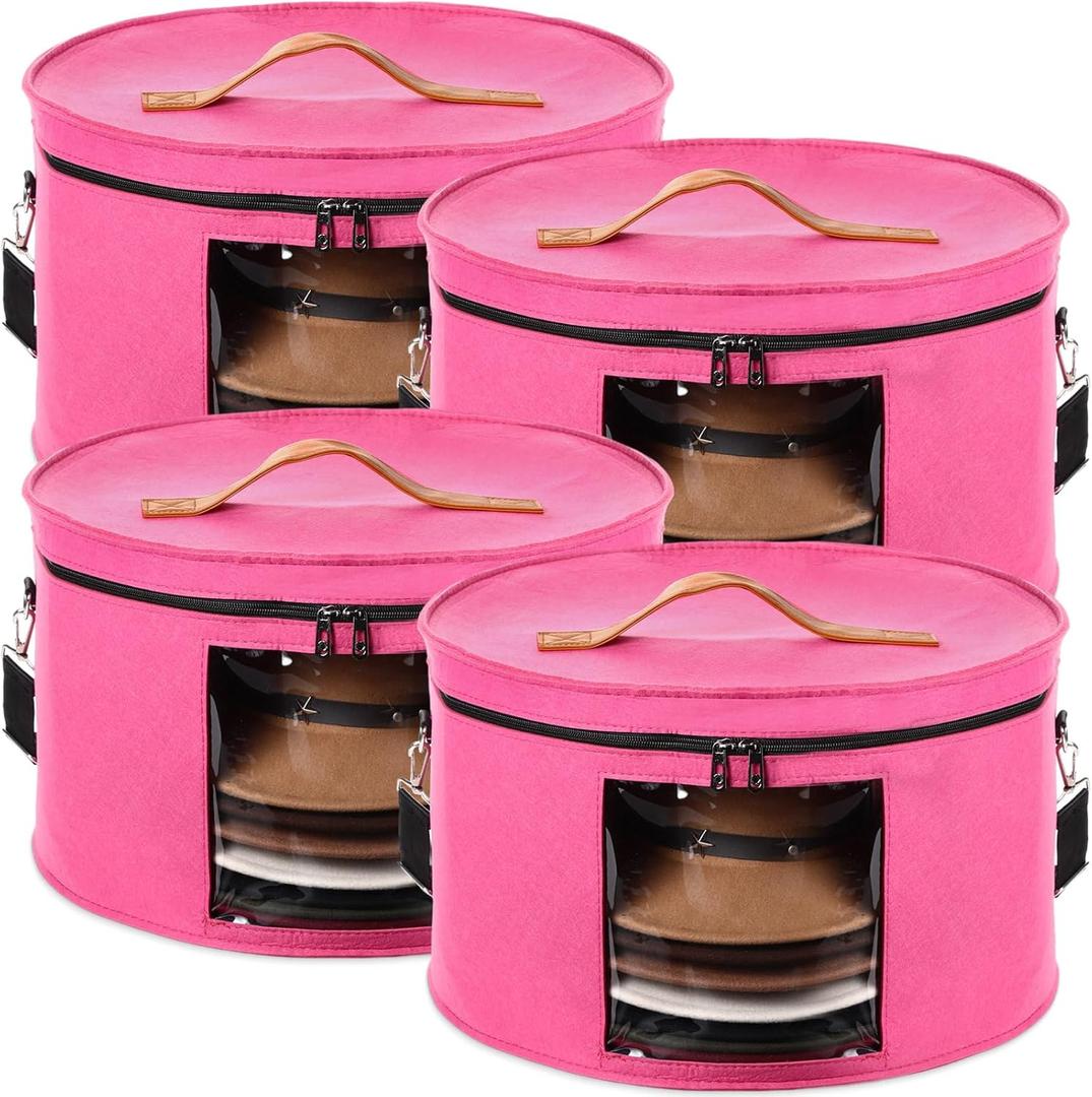 Suzile 4 Pack Large Round Foldable Felt Hat Box for Women Storage 17 x 10 Inch Cowboy Hat Storage Box with Lid Closet Cowboy Case Organizer Clothes Bin(Rose Red)