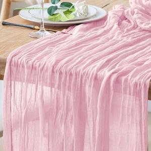 Xiomot Table Runner Pink Cheesecloth Valentine's Day 10FT Blushing Pink Boho Gauze Cheese Cloth Rustic Sheer Table Runners for Summer Wedding Bridal Baby Shower Party Decoration, Pack of 2