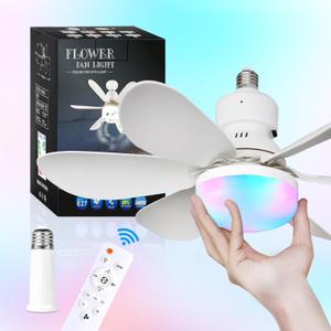 Socket Ceiling Fan with Light, 20.5in Screw Ceiling Fans with Lights, E27/E26 Base Small Ceiling Fan with Remote, LED Mini Ceiling Fans for Bedroom/Garage/Kitchen(White, RGB+Daylight White)