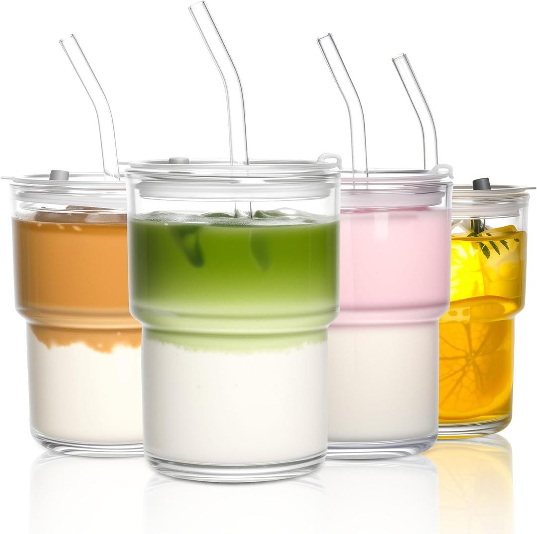 15oz Iced Coffee Cups with Lids Reusable,4Pcs Glass Matcha Cups,Glass Cups with Lids and Straws,Clear Glass Coffee Tumbler for Drinking Water,Tea,Juice