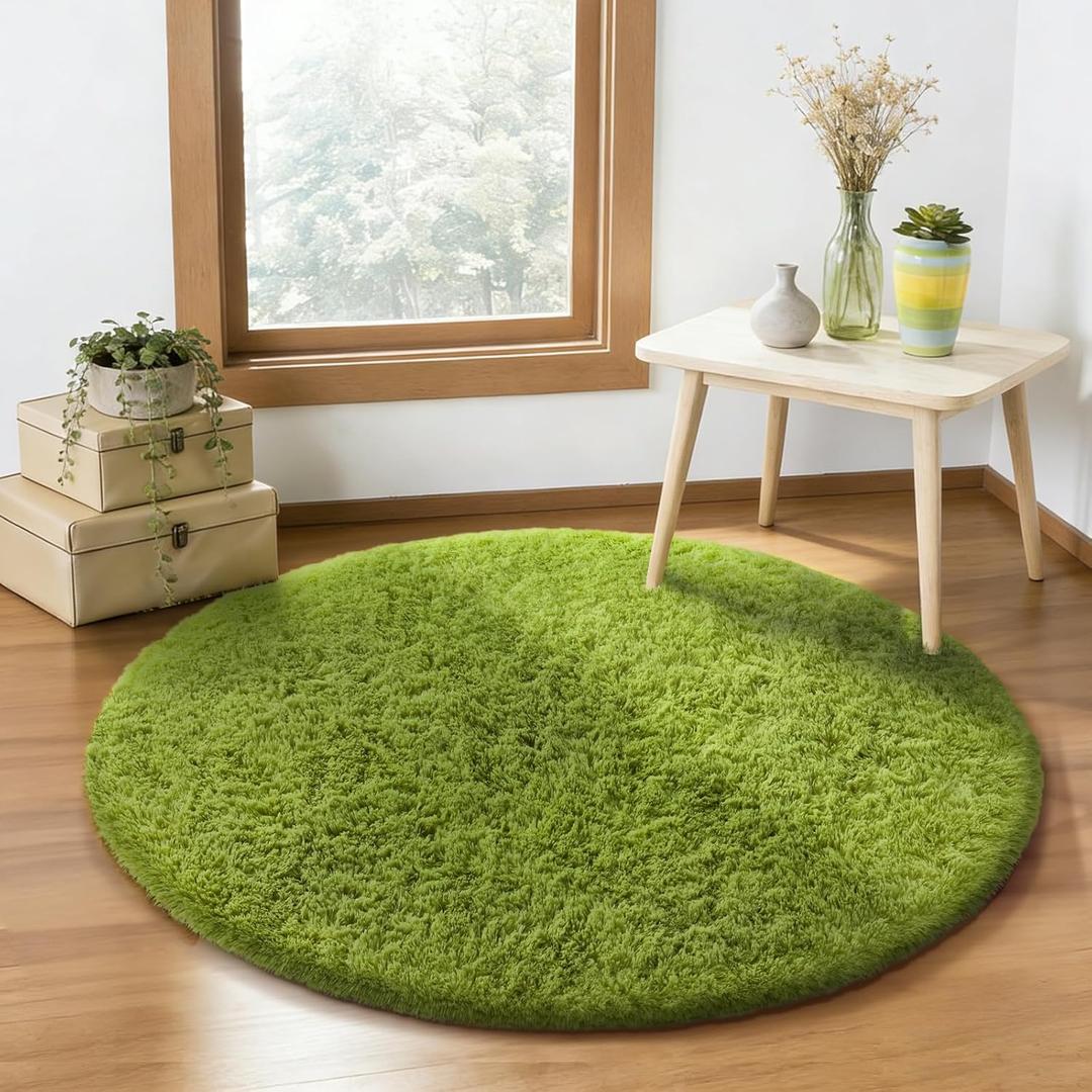 Ophanie Round Rug 4Ft Green Circle Area Rug, Green Room Decor, Fluffy Fuzzy Bedroom Carpet, Plush Soft Shaggy Living Room Rugs for Kids Home Decor Aesthetic, Nursery,7- Green, Round, 4' (Round)
