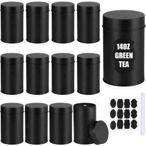 12Pcs Tea Tin Canisters with Airtight Double Lids, 14oz Round Black Metal Tea Tin Cans Sealed Small Kitchen Container Storage for Loose Leaf Tea Coffee Sugar Candy Spices