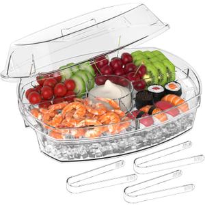 Ice Chilled Party Platter - 15'' Divided Serving Tray with Lid and 4 Compartments, Clear Fruit Trays for Serving for Party, Ideal Cold Chilled Serving Trays for Parties, Shrimp Cocktail, Etc