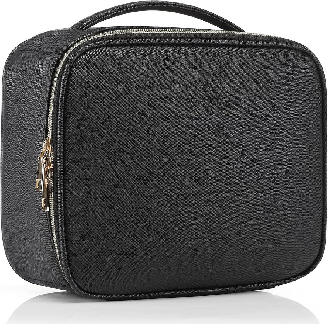 VLANDO Medium Makeup Cosmetic Organizer Case Portable Storage Bag with Adjustable Dividers for Makeup Brushes Girls Women Friend Black