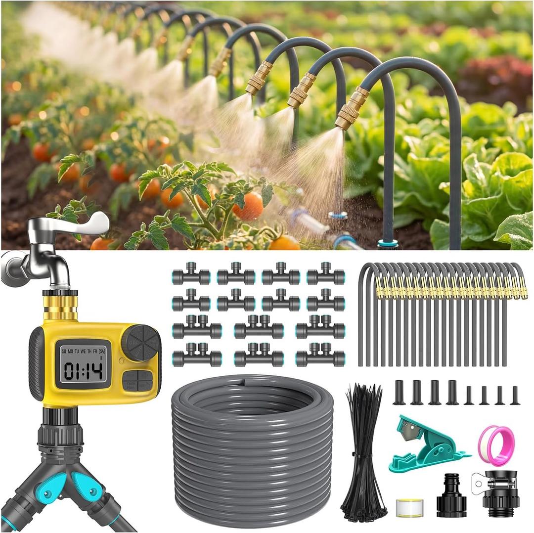 98FT 1/2" Drip Irrigation System Kit with Smart Water Timer for Garden, Automatic Watering System with 20pcs 360 Adjustable Copper Nozzles, Irrigation System for Garden, Yard, Lawn, Green house