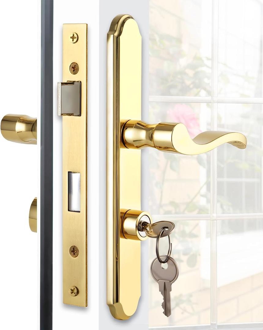 Flat Slot Storm Door Handle Complete Set, Mortise Keyed Lever Mount Latch with Deadbolt for Screen and Storm Doors (Bright Gold)