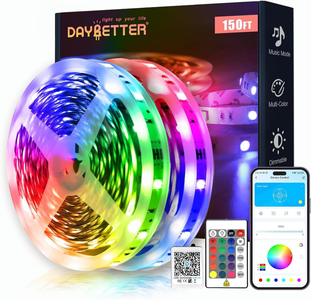 DAYBETTER led Strip Lights,led Lights for Bedroom with 24V Power SupplyMusic Sync Color Changing led Strip Lights, Desk, Home Kitchen Party Decor with App & Remote Control (150 ft)