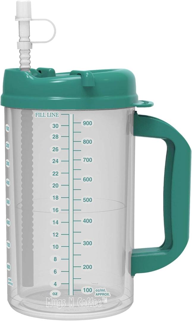 32 oz Double Wall Insulated Hospital Mug - Cold Drink Mug - Large Carry Handle - Includes Straw (1, Teal)