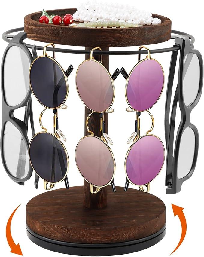 NOWHYX 360° Rotating Sunglass Organizer, Multiple Eyewear Display Rack for Women & Men, Eyeglass Holder Stand with Wood Tray for Jewelry, Watches & Keys, Holds 1216 Glasses(COLOR:Brown)