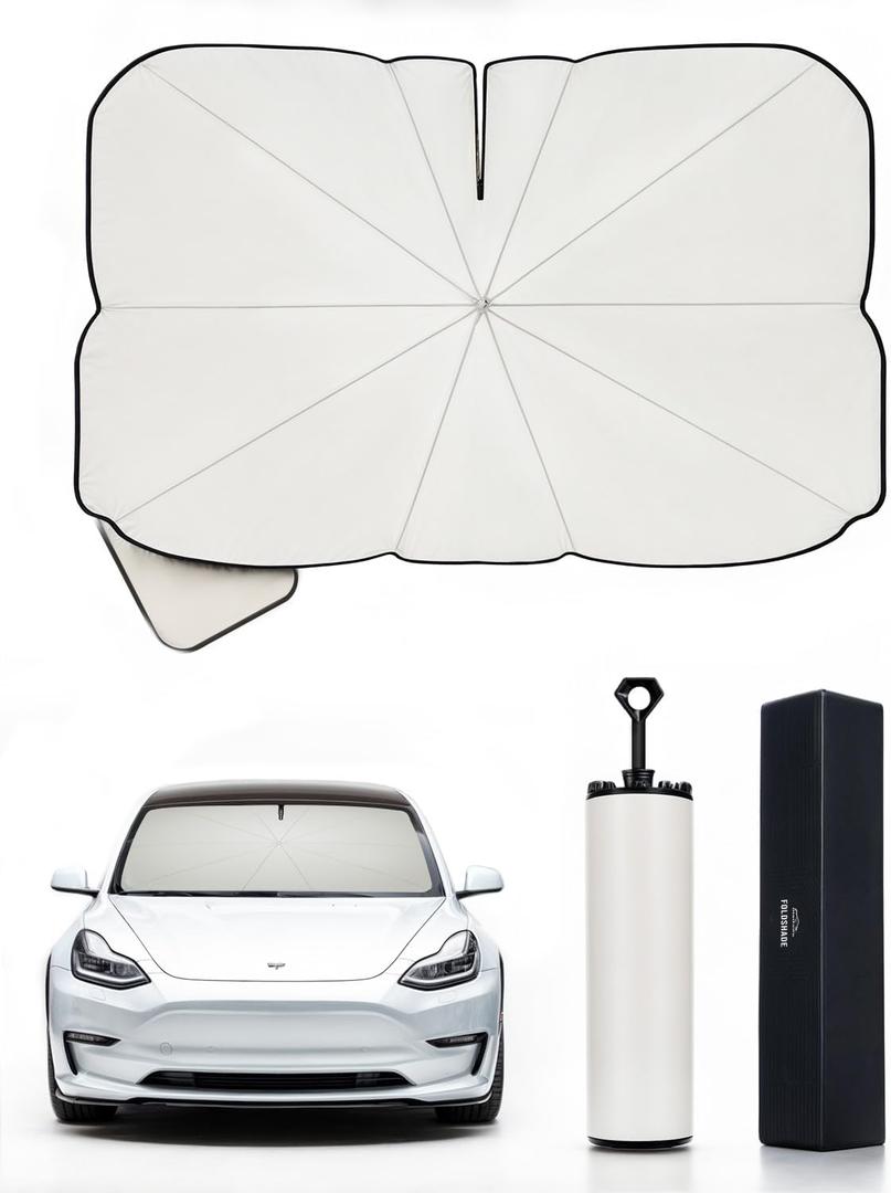 Tesla Model Y & Model 3 2025 Windshield Sun Shade Umbrella, Foldshade 2.0 Upgraded Version, Foldable UV & Heat Protection, Easy Storage, Tesla Accessories, Compatible with 2025 Model Y