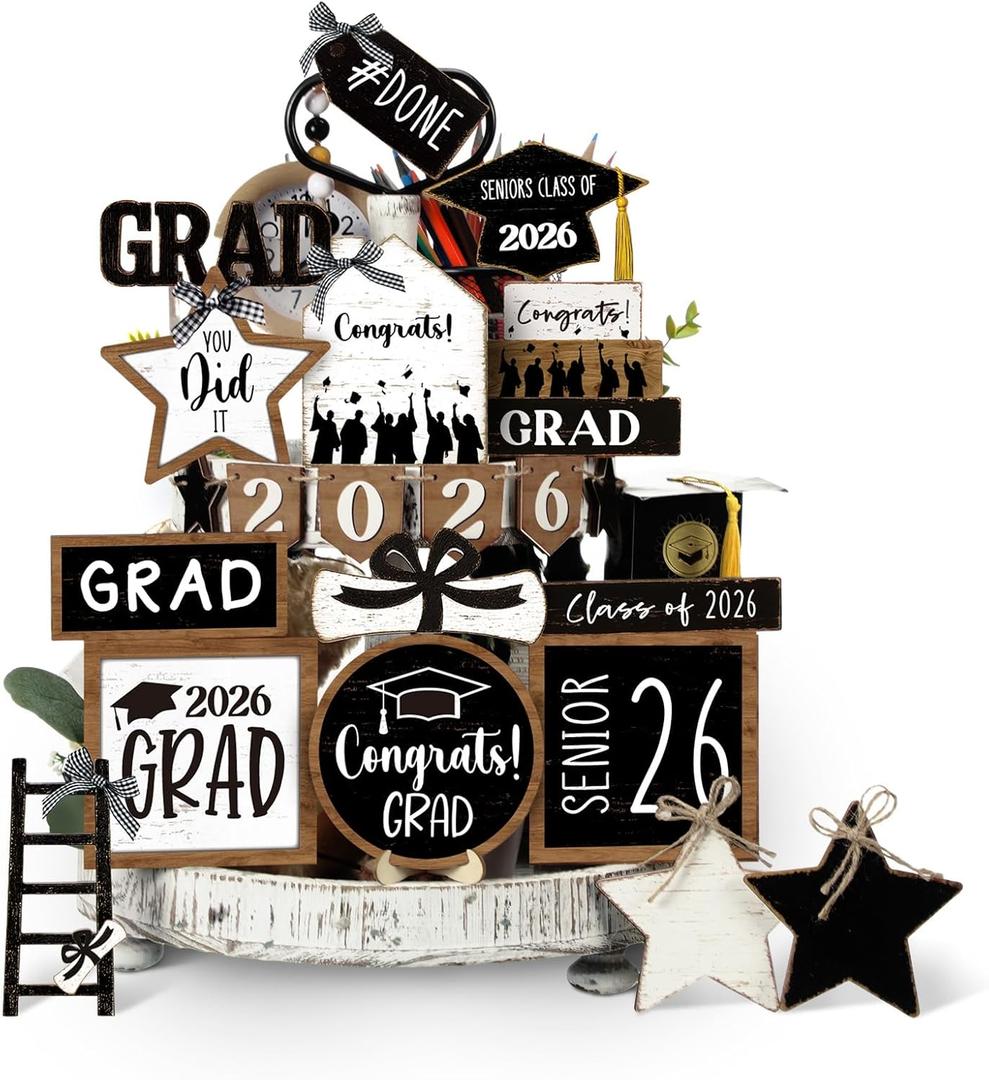 1 Set of Holiday Tiered Tray Decor Christmas Tiered Tray Decorations Set Truck Wooden Signs Farmhouse Table Decorations for Home Table Shelf (Black White)