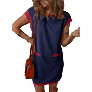 Dokotoo Women's 2026 Casual Spring Summer Dresses Fashion Cap Sleeve Color Block Crewneck Shift Tshirt Mini Dress (Blue, XL)