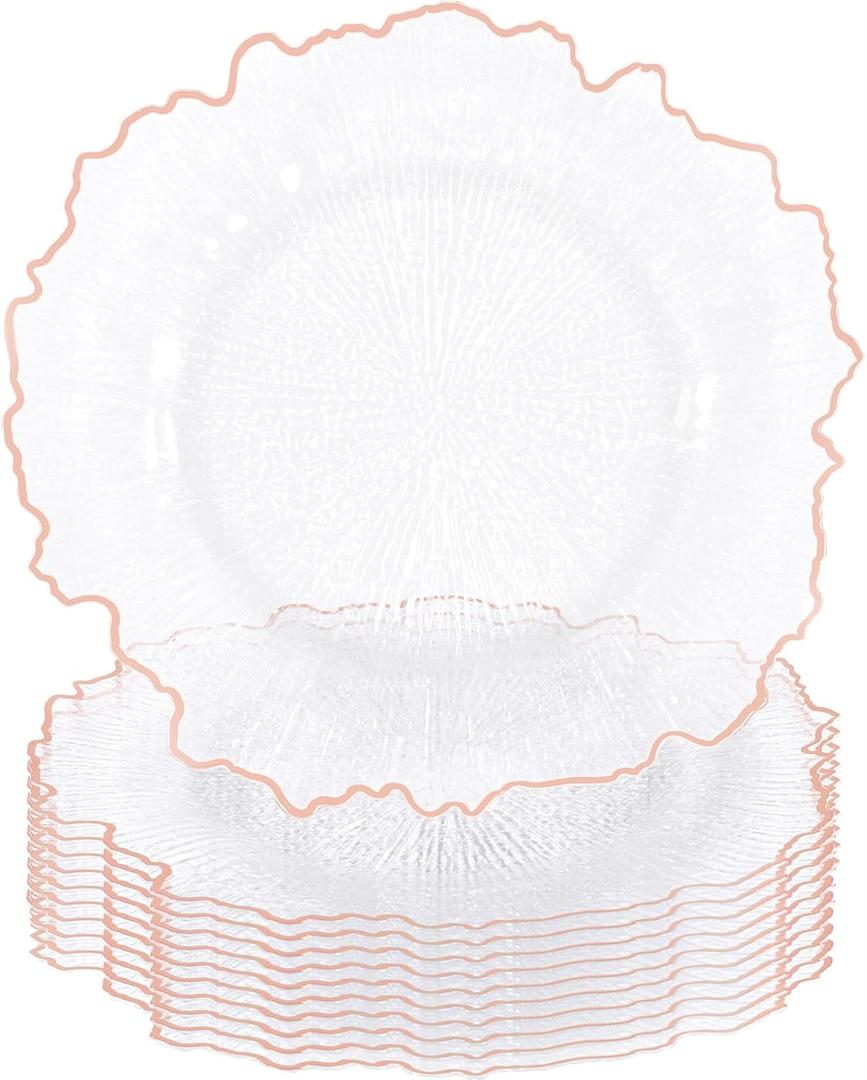 10Pcs Clear Charger Plates Bulk Wedding - 13" Premium Plastic Ruffled Rose Gold Rim Chargers with Flora Reef DesignDecorative Dinner Charger Plates for Events & Parties 10Pcs Clear Charger Plates Bulk Wedding - 13" Premium Plastic Ruffled Rose Gold Rim Chargers with Flora Reef DesignDecorative Dinner Charger Plates for Events & Parties