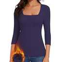 WOWENY Thermal Shirts for Women Square Neck Fleece Lined 3/ 4 Sleeve Tops Base Layer Soft Warm Underwear Cold Weather Blue L