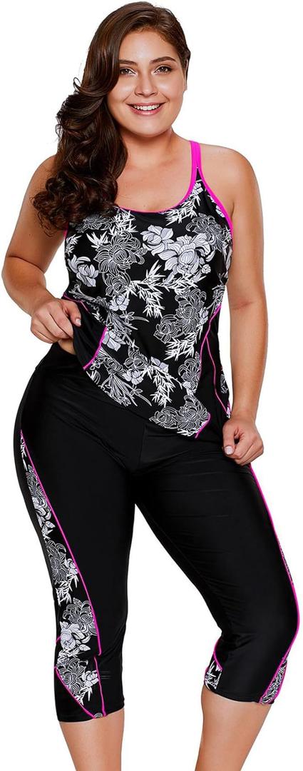 Women's Plus Size Two Piece Swimsuits 2025 Modest Capri-Style Rash Guard Tankini Two-Piece Bathing Suits, M