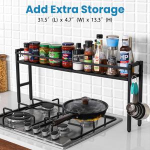 Stove Top Shelf, Extendable Spice Rack for Kitchen - Adjustable Over-the-Stove Shelf with 4 Hooks, Seasoning Organizer Countertop, Extra Space Saver (Black)