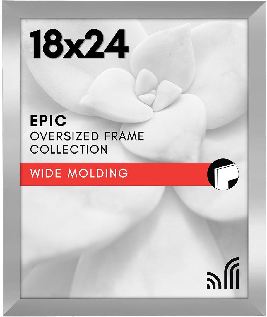 Americanflat 18x24 Poster Frame with Polished Plexiglass - Silver Picture Frame - Wide Photo Frames Made of Engineered Wood for Vertical or Horizontal Wall Display - Epic Collection - Silver