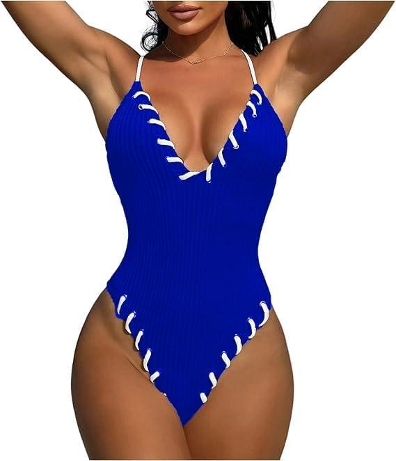 HYTENSUN Women's Criss Cross One Piece Swimsuits V Neck Binding Ribbed Swimwear High Cut Bathing Suit Small