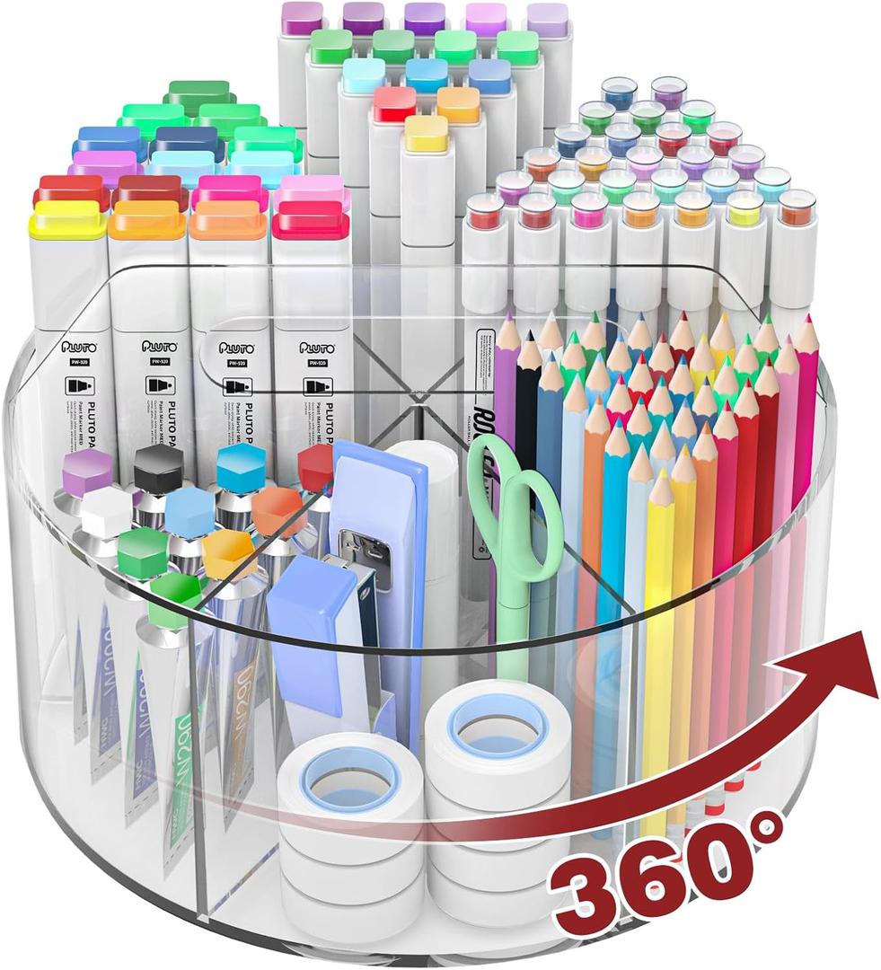 Absonic 250pcs Acrylic Pencil Holder Marker Organizer, 360-Degree Rotating Pen Holder, Crayon Organizers for Kids Pencil Organizer Caddy Art Supply Lazy Susan Organizer for Desk Home School Office (Large - Single - Clear - With Handle)