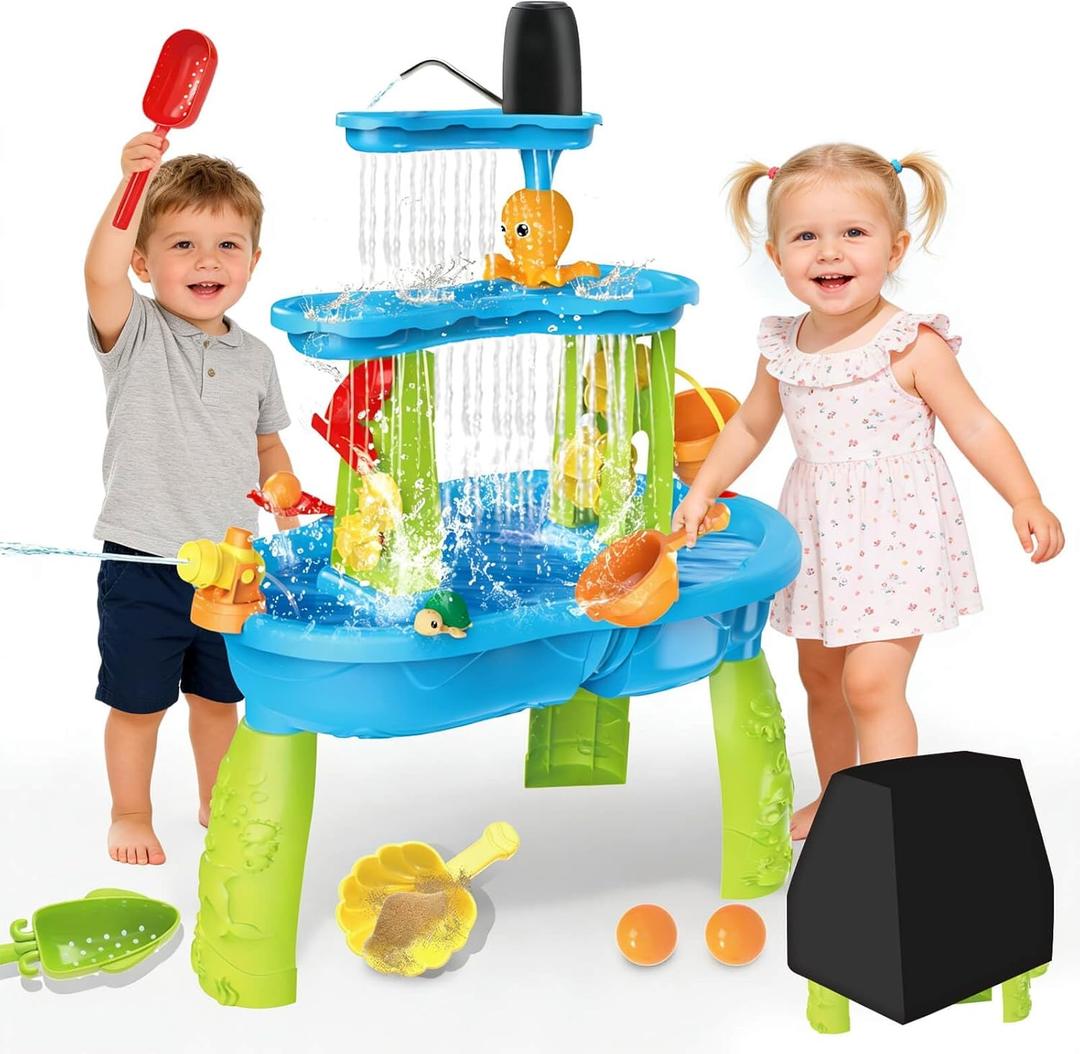 JONEG 3-Tier Water Table for Toddlers with Pump, Table Cover - Sand Activity Sensory Playset, Outdoor Outside Pool Backyard Summer Toys, Gifts for Age 1 2 3 4 5 8 Year Old Kids Boys Girls