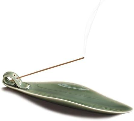9" Length Incense Stick Holder with 3 Holes, White Porcelain Incense Tray Ash Cather for Spa, Meditation Room, Yoga, Home, Office (Green)