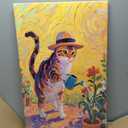 Funny Cat Gardening Canvas Wall Art Framed Print Painting Whimsical Animal with Flowers Wall Decor Artwork Poster Colorful Playful Scene for Kitchen Bathroom Office Country Decor 16x24 Inches