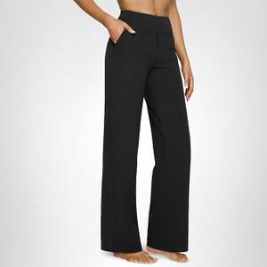 G4Free Wide Leg Yoga Pants for Women Elastic Waist Lightweight Flowy Palazzo Ankle Trousers with Pockets for Dailywear(Black,L,Petite)
