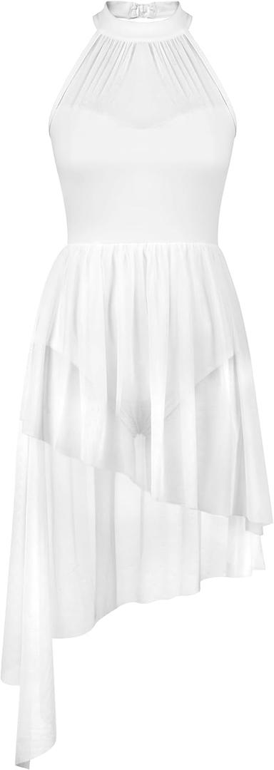 ZILANZI Halter Mesh Lyrical Dance Costume for Ladies, Irregular Skirt for Stage Performance(256311-07-L) White