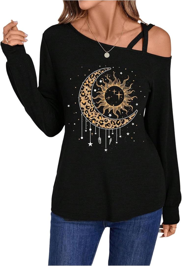 Floerns Women's Graphic Asymmetrical Neck T Shirt Long Sleeve Casual Tee Top (Black, L)