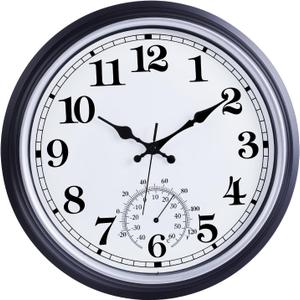 QWARVEL 16 Inch Large Outdoor Clock, Retro Waterproof Indoor/Outdoor Clock Non-Ticking Clock with Thermometer, Battery Operated Wall Clock for Patio, Garden, Pool - Black