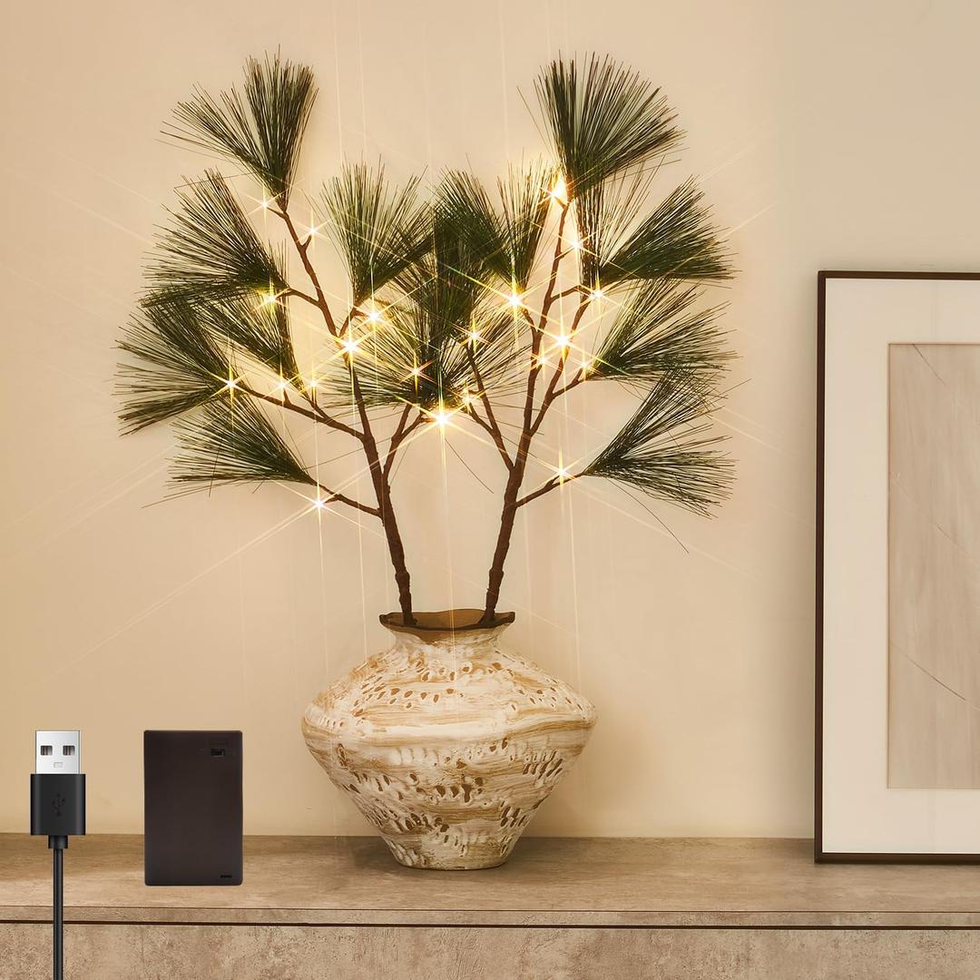 Fudios Lighted Pine Branches with Timer 32IN Battery Operated or USB Plug In, Lit Willow Branches with Lights for Christmas Fireplace Mantle Decor (Dark Green)