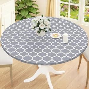 Smiry Round Picnic Tablecloth, Waterproof Elastic Fitted Table Covers for 45" - 56" Tables, Wipeable Flannel Backed Vinyl Tablecloths for Camping, Indoor, Outdoor, Grey & White