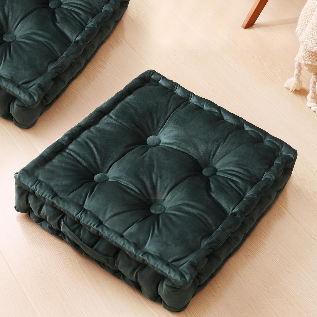 Square Floor Pillows, Large Floor Cushion for Adults Kids, Meditation Floor Pillow Seating Cushion with Shredded Memory Foam and Silk Wadding, 20"x20"x5" (Dark Green, 2 Pack)