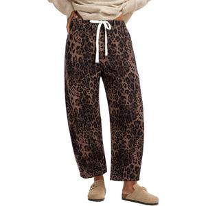 GRAPENT Barrel Jeans for Women Trendy High Waisted Pull On Wide Leg Cropped Leopard Cheetah Print Stretchy Denim Pants (Medium)