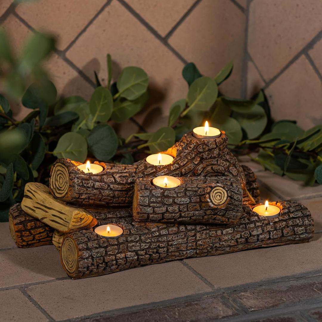 Plow & Hearth Faux Oak Wood Resin Logs Candle Holder for Fireplace | Romantic Ambiance Without Heat or Mess | Holds 8 Tea Lights| Realistic Sculpted Logs | 15" L x 9" W x 5" H